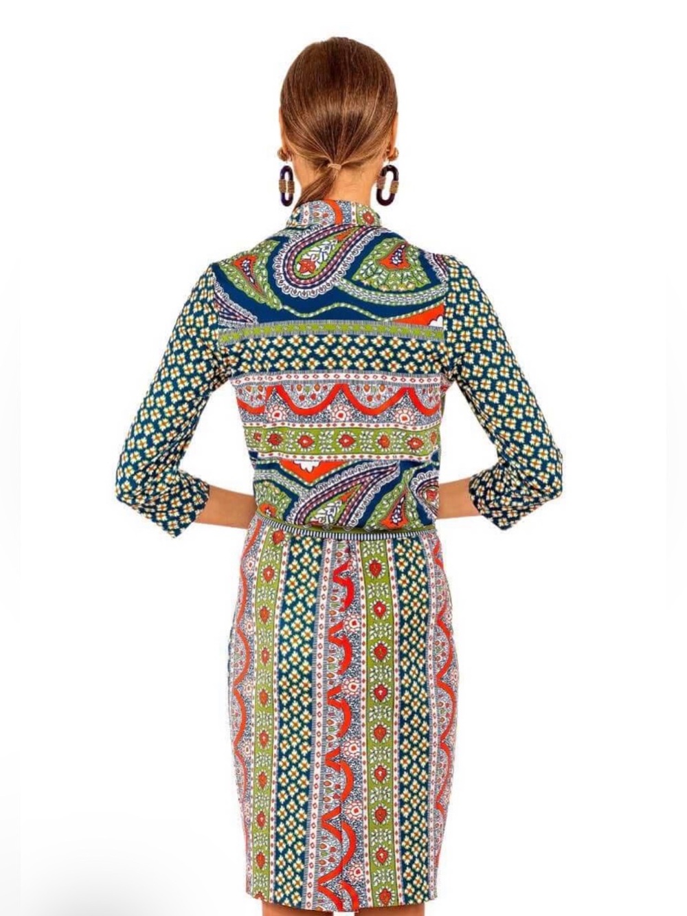 🎼Gretchen Scott Designs so sexy Navy, Coral, Green Paisley park Dress size M NEW - Picture 2 of 13
